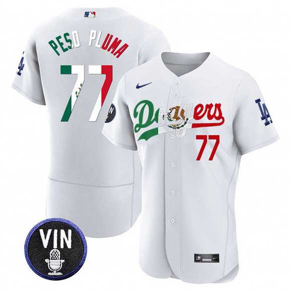Men%27s Los Angeles Dodgers #77 Pezo Pluma White Mexico Special Vin Scully Patch Flex Base Stitched Jersey Dzhi